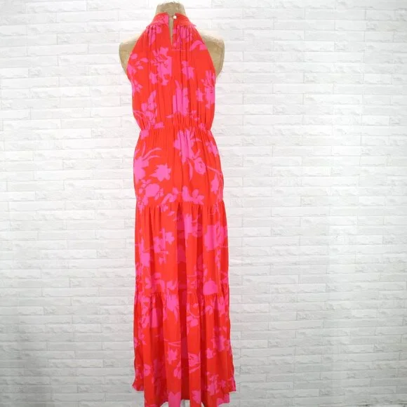 Dress Maxi Halter Floral Tiered Tropical Summer Sleeveless Orange Pink Small - Picture 7 of 15